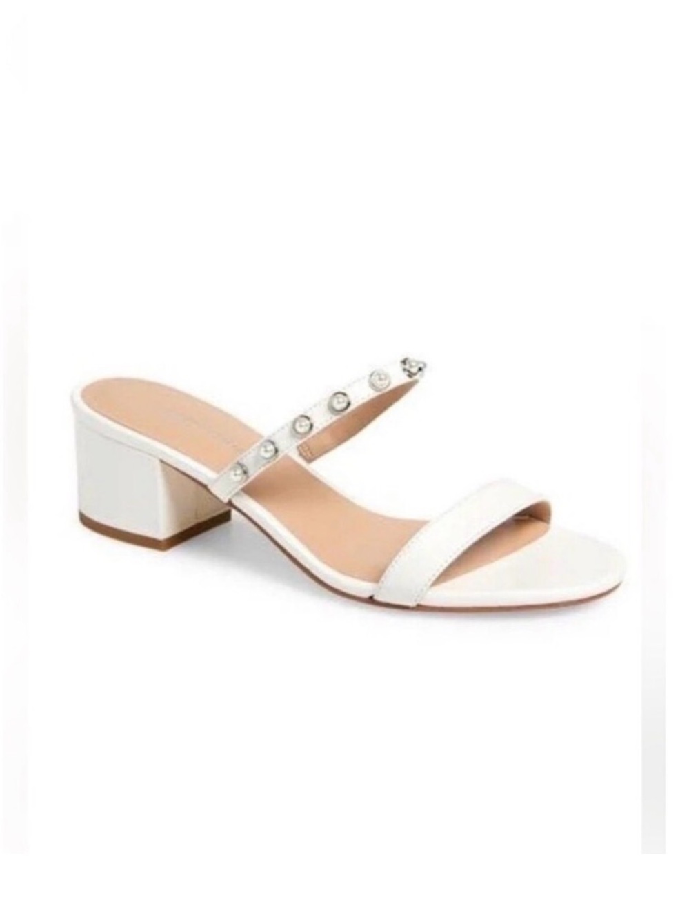 NEW Stuart Weitzman white sandals slides heels silver studded shoes 8.5 pearl
